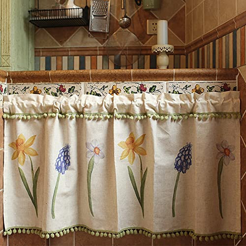 A.Monamour Lino Beige Rustico Narciso Fiori Mezza Tenda Corta Da Cucina - Trattamenti di Finestra Mantovana per Porta Dell'armadio Café Bistrot Finestra a Vetro