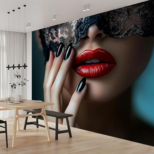 Papier Peint Panoramique Mode Femme 150x105 cm 3D Papier Peint Intissé Lèvres Rouges Sexy Romantiques Photo Trompe l'oeil Poster Grand Mural Salon Chambre Enfant Chambre Décoration Murale a.945
