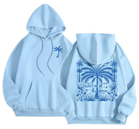 Palm Puff Oversized Hoodies for Women, Teen Girls Preppy Sweatshirt Long Sleeve Y2K Graphic Tees with Pockets, #A55 Light Blue, S