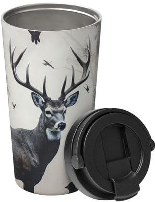 BWLHJKE Isolierter Kaffeebecher mit Klappdeckel und Griff, Jagd-Silhouette von Hirsch, Kaffeebecher, Edelstahl, Vakuum-Kaffeetasse, auslaufsicher, Reisebecher, 473 ml, wiederverwendbarer Thermobecher