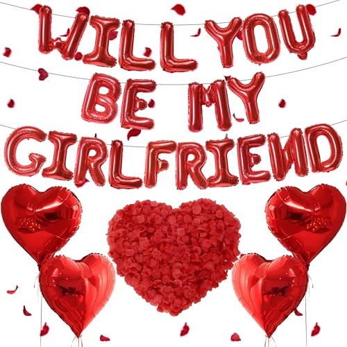 Will You Be My Girlfriend - 525 Stück rote Buchstaben- und Herzförmige Luftballons, 40,6 cm Ballon-Buchstaben mit 500 künstlichen Rosenblättern für Valentinstagsbedarf
