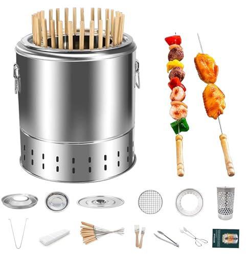 YJKKZQLB Barbecue a carbonella, Barbecue Verticale, fornello sospeso, Barbecue in Acciaio Inox, barile a Maglie con 20 spiedini, Cestino per grigliate con rotelle, griglia da Campeggio