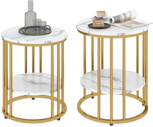 HOMCOM Round Coffee Table Set of 2, Marble-Effect Side Tables with Storage Open Shelf and Steel Frame for Living Room, Bedroom, Gold Tone