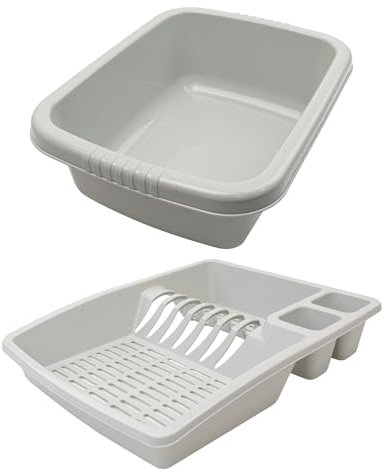 JVL Plastic Dish Drainer and Rectangular Washing Up Bowl Kitchen Set, Grey