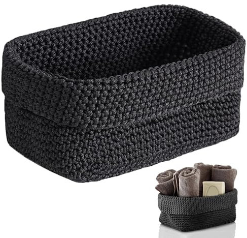 Häkelkorb,Korb Bad,Flechtkorb,Stapelbare Häkelkorb,Korb für Gästehandtücher,Regalkörbe,Körbe Geflochten,Aufbewahrungsbox für Kleinigkeiten,Kosmetik,Ideal als Badezimmer Organizer (Schwarz)