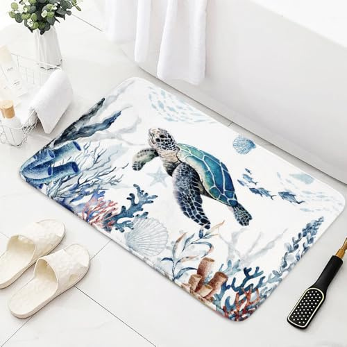 APROPHIC Ozean Badezimmerteppich, mit Seesternen, Schildkröte und Korallen, Saugfähige Badematte, rutschfest und Waschbar, Geeignet für Badezimmer, Duschen und Waschküchen in Blau 50 x 80 cm