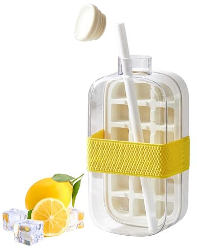 EiswüRfelform, 2-in-1 Eiswürfel Flasche, Eiswürfelflasche mit Behälter, Eiswürfel Flasche mit Strohhalme 18 Stück Eiswürfel 800ml Das Eis muss nicht berührt werden für Gekühlte Getränke, Obst (Weiß)