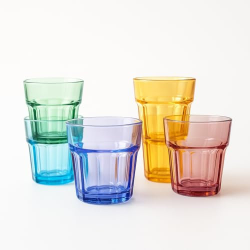 KORAT Set 6 Bicchieri Tumbler in Vetro Colorato 360 ml e 300 ml Alta Qualità, Stile Moderno, Resistenti e Impilabili Bicchieri Acqua, Cocktail, Aperitivi, Bevande, Estate, Campeggio (Set Catalina)