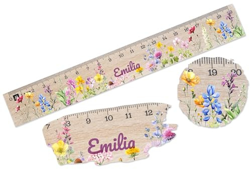 Shirtracer Holzlineal 20 cm personalisiert Wildblumen mit Name | Holz, 20 cm, Einschulung, Schulanfang, Schulkind, Schulstart, Erstklässler, Grundschule, Blumen, Botanik, 1. Schultag