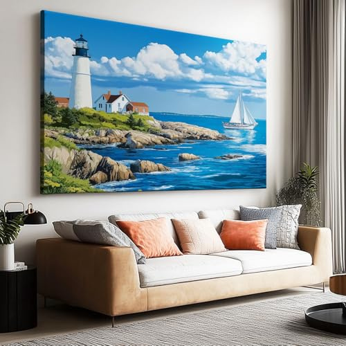Generisch Leinwand Bilder 120 x 80 cm (L x B) für Schlafzimmer Wohnzimmer Deko, Segelboot Leuchtturm und Felsen Kunstdruck Wandbild, Ölmalerei Stil Moderne Wand Dekoration Poster ohne Rahmen