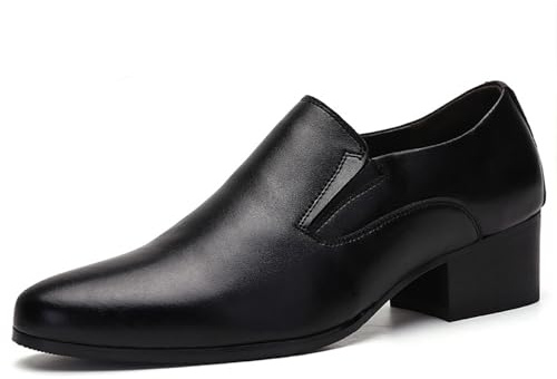 Zapatos de vestir de piel for hombre, sin cordones, con alza de 7,6 cm (3 pulgadas), punta puntiaguda y tacón grueso. Ideales for negocios, bodas y ocasiones formales.