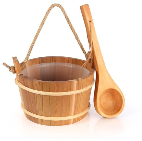 bayisam 4L Cedar Sauna Bucket and Ladle Set, Handmade Sauna Accessories | Wooden Sauna Bucket with Inner Liner and Sturdy Rope Handle, Suitable for Home Sauna and Spa Use, Practical Sauna Gift