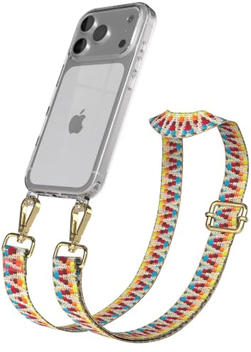 EAZY CASE Handykette - Verstellbares Taschenband kompatibel mit iPhone 17 Pro, Schulterriemen, Handykordel mit Silikon Hülle, Umhängetasche, Regenbogen Gold