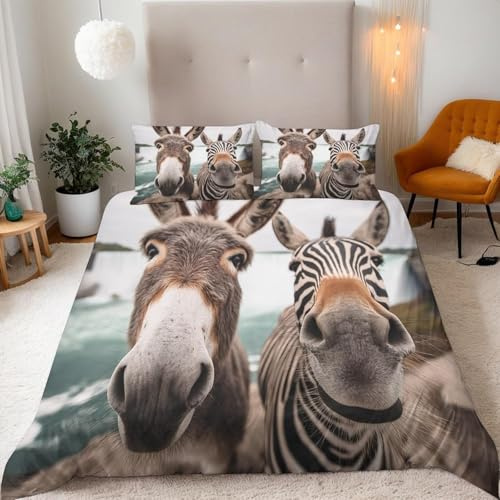 PUOJIEAT Bettwäsche 200x220 Esel, 3D Bettbezug Zebra Mikrofaser Bettwäsche Set Esel, Bettwäsche-Sets 200x220 + 2 Kissenbezüge mit Reißverschluss YUH2288