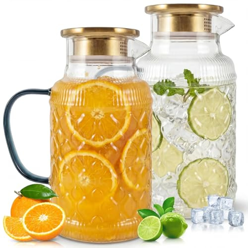 2 Pcs Glass Pitcher with Lid and Pouring Mouth, 2L Glass Water Jug with Handle, Iced Tea Pitcher Water Carafe for Hot & Cold Drinks for Milk, Coffee, Wine, Juice, Lemonade, Fruit Drinks