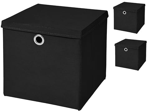 Stick&Shine 3x Aufbewahrungs Korb Schwarz Faltbox 33 x 33 x 33 cm Regalkorb faltbar mit Deckel
