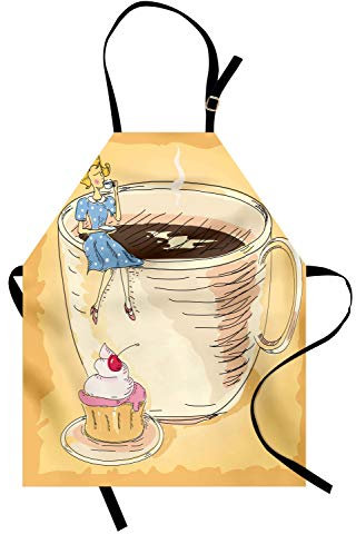 ABAKUHAUS Dessert Kochschürze, Retro gekleidete Dame, die auf einer gigantischen Kaffeetasse sitzt und Kaffee trinkt, Höhenverstellbar Klare Farben ohne verblassen, Aprikose