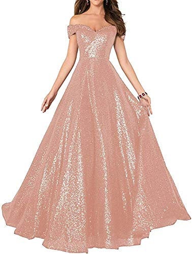 Leader of the Beauty Women's Off Shoulder Prom Evening Dress Maxi Sequin A Line Beaded Formal Gown 20 Rose Gold