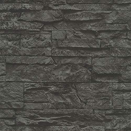 BRICOFLOR Papier peint uni noir imitation pierre | Tapisserie effet fausse brique style industriel | Papier peint trompe l’oeil gris pour couloir