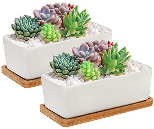 Jucoan 2 Pack 16.5 cm Rectangle White Ceramic Succulent Planter Pot, Modern Minimalist Porcelain Flower Cactus Pot, Plant Window Boxes with BambooTray and Drainge Hole for Home Office Decor