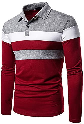 VANVENE Men's Fashion Polo Shirts Long Sleeve Rugby Patchwork Topss Shirts Outdoor Sport Breathable Shirts Tops Tee Grey Red, L