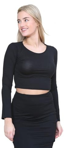 janisramone® Womens Crew Neck Crop Top, Long Sleeve Stretchy Summer Tops for Women UK, Plain Slim Fit Cropped Top, Ideal Casual Wear and Going Out Tops Black
