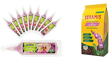 Dehner Orchideen Vitalkur, flüssig, 10 Stück, je 30 ml & Seramis Spezial-Substrat für Orchideen, 2,5 l – Orchideensubstrat mit Tongranulat und Pinienrinde zur Sauerstoff- und Nährstoffversorgung