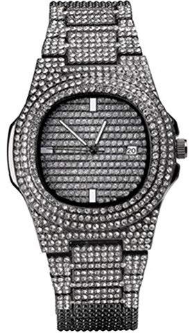 UKCOCO Strassuhr Für Männer Quarzuhr Mit Zirkon-uhrenarmband Modeuhr in Schwarz Hippop Armbanduhr Für Herren