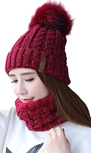 Damen Wintermütze Schal Set,Warm Weichem Innenfutter Strickmütze und Schal mit Fleecefutter,Winter Wärme Beanie Mütze Strickschal Set,Schlauchschal Hüte Mützen mit Kunstpelz Bommel Pom (Weinrot)