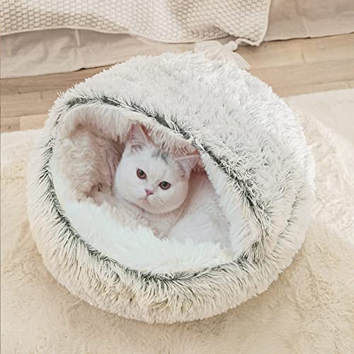 qing yun Flauschiges Katzenhöhle-Bett, gemütliche Höhle, Hundebett, mittelgroß, Angstlinderung, Haustier-Schlafsack für drinnen und draußen, Katzen-Iglu-Bett mit Kapuze (XS, Grau-Plüsch)