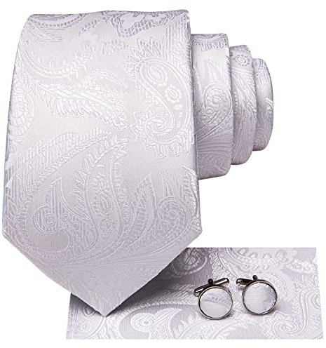 Hi-Tie Herren Krawatte Schwarz Paisley/Plaid/Streifen/Einfarbig Krawatten Set Einstecktuch Manschettenknöpfe Business Formal Hochzeit Meeting Geschenkbox,weißes Paisley