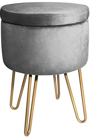 BONTEC Round Velvet Vanity Stool with Storage, Gray Dressing Table Chair with Gold Metal Legs, Soft Ottoman Seat, Shoe Bench & Toy Book Organizer, for Bedroom, Living Room, Hallway, 6.38L Capacity