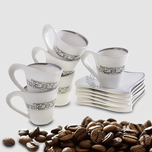 Bavary 12 TLG Medusa Service à café avec coupe argentée pour 6 personnes 6 tasses + 6 soucoupes blanc-or Profitez du café