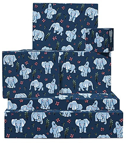 Blaues Geschenkpapier – 6 Bögen Geschenkpapier – Baby-Elefant-Geschenkpapier – für Geburtstag, Babyparty, Taufe – niedliches Geschenkpapier für Kinder, Mädchen, Jungen – Central 23