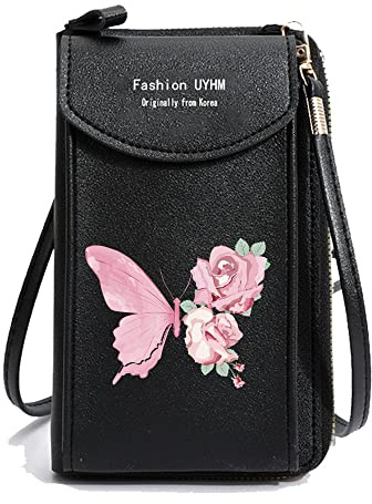 Crossbody Phone Bag for Women, Leather Ladies Cross Body Handbags Mobile Phone Pouch with Long Strap Zips Card Slots, Small Cellphone Shoulder Bags Coin Purse Wallet Gifts (Rose Butterfly)