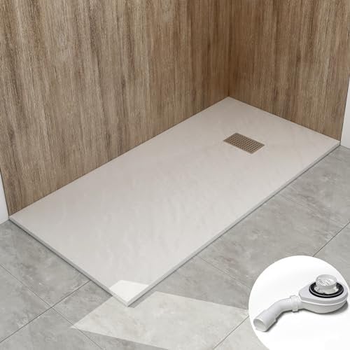 WITEN&NOCK Duschwanne 160x80 cm SMC Brausewanne Steinoptik Antirutsch Duschtasse Höhe 3,2 cm Niedrige Schwelle Extraflach Brausetasse mit Edelstahl-Abflussrinne und Ablaufgarnitur Ø 90 mm