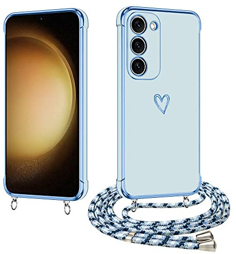 E-Lush Coque pour Samsung Galaxy S23 Plus 5G/ 4G avec Cordon, Coque pour Samsung S23 Plus Silicone avec Motif Coeur d'amour Mignon Étui Housse Antichoc avec Collier Réglable Lanyard Case, Bleu