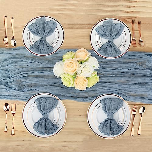 Dusty Blue Seihtuch-Tischläufer und Servietten-Set, Boho-Gaze-Käsetuch, 3 m, Tischläufer mit 12 Servietten, rustikaler faltiger Tischläufer und Servietten für Hochzeit, Abendessen, Tischdekoration