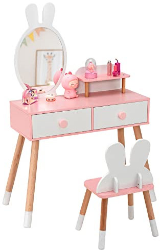 DREAMADE 2 in 1 Kinder Schminktisch mit Hocker und abnehmbarem Spiegel, Kinderschminktisch aus Holz, Prinzessin Frisiertisch Kosmetiktisch mit Schublade für Kinder Mädchen ab 3 Jahren (Weiß)