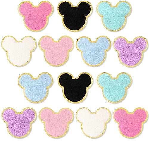 14 Pcs Chenille Mouse Patches, EVERMARKET Iron on Mouse Head Patches Cute Chenille Embroidered Applique Patch for Clothing Sew on Glitter Gold Trimmed Mouse Decorative Patch for DIY Decors