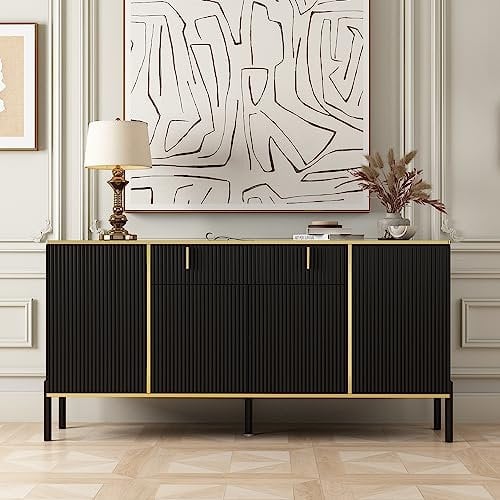 PREMTURE Sideboard Wohnzimmer mit 4 Türen, Komodenschrank, Wohnzimmerschrank, Anrichte, Kommode, Küchenschrank,Buffetschrank für Eingang, Küche, Esszimmer, schwarz, MDF, 160 * 40 * 80cm