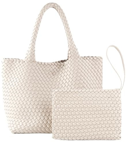 SporGenius Gewebte Tragetasche für Damen, handgewebte Reisetaschen, große vegane Ledertaschen mit kleiner, handgefertigter Geldbörse, Beige, Large
