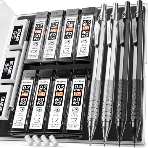 Nicpro 4 Pièces Porte-mines 0,5 mm et 0,7 mm avec étui, Ensemble de Crayons d'artiste en Métal MP1000 avec Recharges, Gommes, Pour l'écriture artistique, le Dessin, le Noir et l'argent