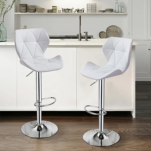Lot de 2 Tabourets de Bar, Chaises Haut, Hauteur Réglable, Revêtement en PU, Rotatif sur 360°, avec Dossier et Repose-Pieds, Pied Chromé, 49 x 35 x 107-127 cm (Blanc)