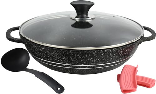 Karahi Non Stick Cooking Alloy Steel Wok Deep Frying Dual Handle Glass Lid with Extra Removable Handle Covers and Spatula Induction Compatible (28cm/5L)