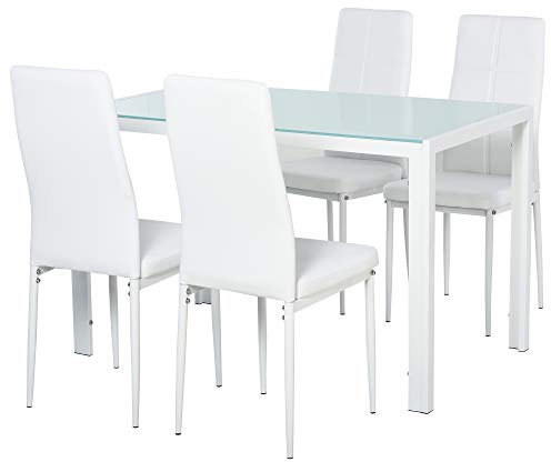 HOMCOM Conjunto de Comedor Mesa y 4 Sillas 5 Piezas Juego de Mueble de Cocina Mesa Rectangular de Vidrio Templado y Sillas Tapizadas en PU con Patas de Metal Blanco