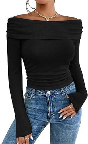 BISKAMY Women's Sexy Off Shoulder Tops Slim Fit Long Sleeve T-Shirt Spring Fall Blouse Women Basic Y2K Clothes Black