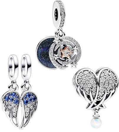 H.ZHENYUE Anhänger Charms 925 Sterling Silber Shooting Star Wings Heart with Zirconia für Europäische Armbänder und Halskette,Schmuck Geschenk für Weihnachten,Valentinstag,Muttertag Pack von 3 Damen