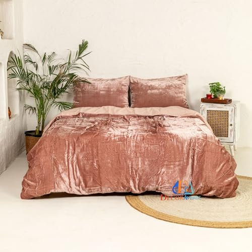 DecorAvenue Ultra-Luxe Crushed Velvet Duvet Cover, Boho Bedding UO Comforter Bedding Donna Cover,3 Pc Duvet Set, Velvet Bedding Set (Rose Gold, UK Single 135 x 200 Centimeters)