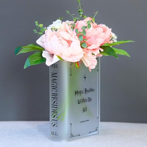 Buchvase aus Acryl für Blumenliebhaber, magisch beschriftet, Heimdekoration, Zauberer, verzauberter Mittelpunkt (MG_Frosted_Black)